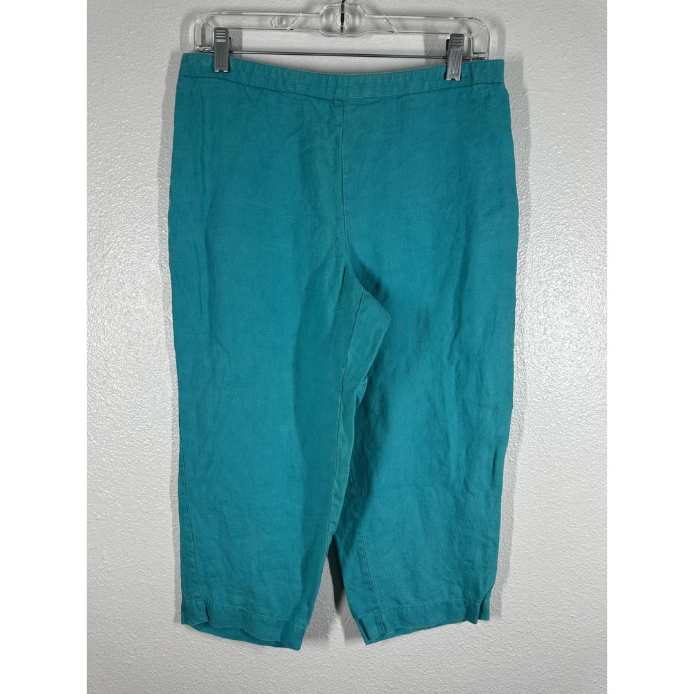 Chicos Pants Womens 1 Medium Teal Linen‎ Crop Elastic Waist Drawstring Capri